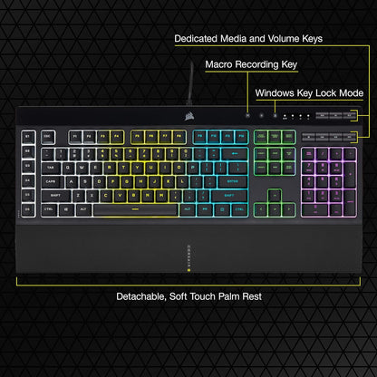 K55 RGB PRO - Dynamic RGB Backlighting - Six Macro Keys with Elgato Stream Deck Software Integration - IP42 Dust and Spill Resistant - Detachable Palm Rest - Dedicated Media and Volume Keys